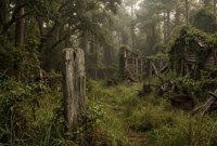 Roanoke Colony wooden post carved with the word Croatoan in an overgrown clearing