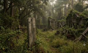 Roanoke Colony wooden post carved with the word Croatoan in an overgrown clearing