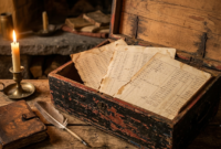 Beale treasure cipher pages covered in handwritten numbers inside an old wooden box