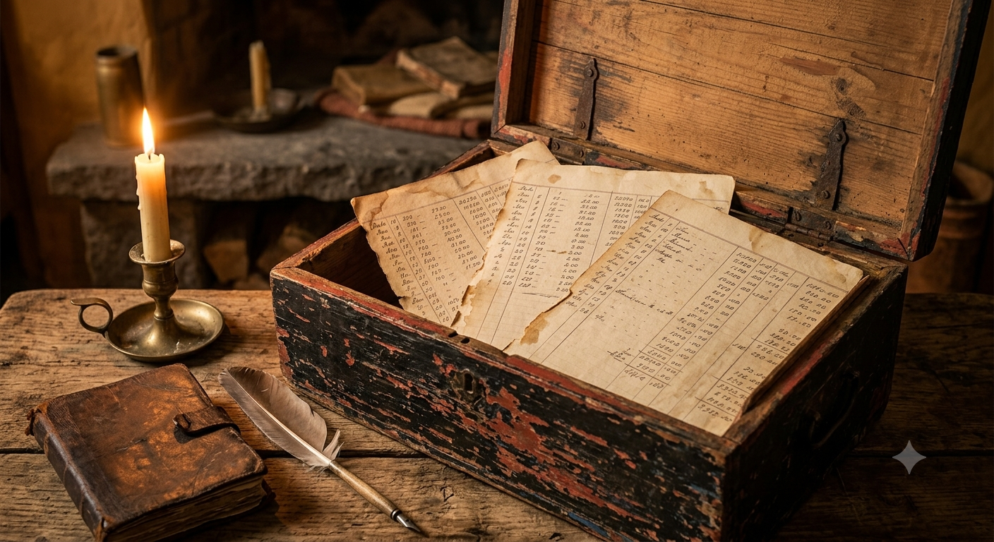 Beale treasure cipher pages covered in handwritten numbers inside an old wooden box