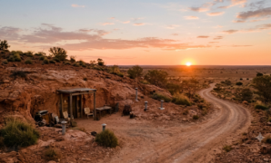 Coober Pedy underground dugout home entrance carved into a sandstone hillside at sunset
