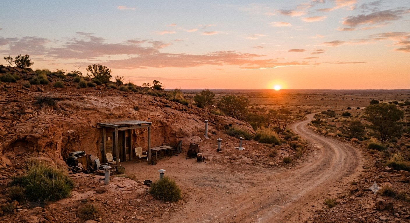 Coober Pedy underground dugout home entrance carved into a sandstone hillside at sunset