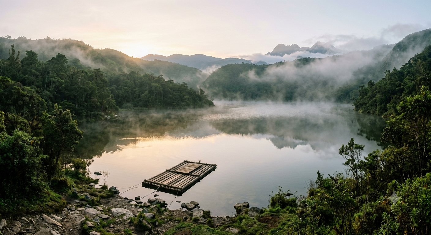 El Dorado origin site showing a misty Andean lake with a wooden raft near the shore