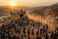 Famadihana ceremony in Madagascar showing families dancing near a stone tomb at sunset
