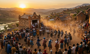 Malagasy family gathering with music during a Famadihana ceremony