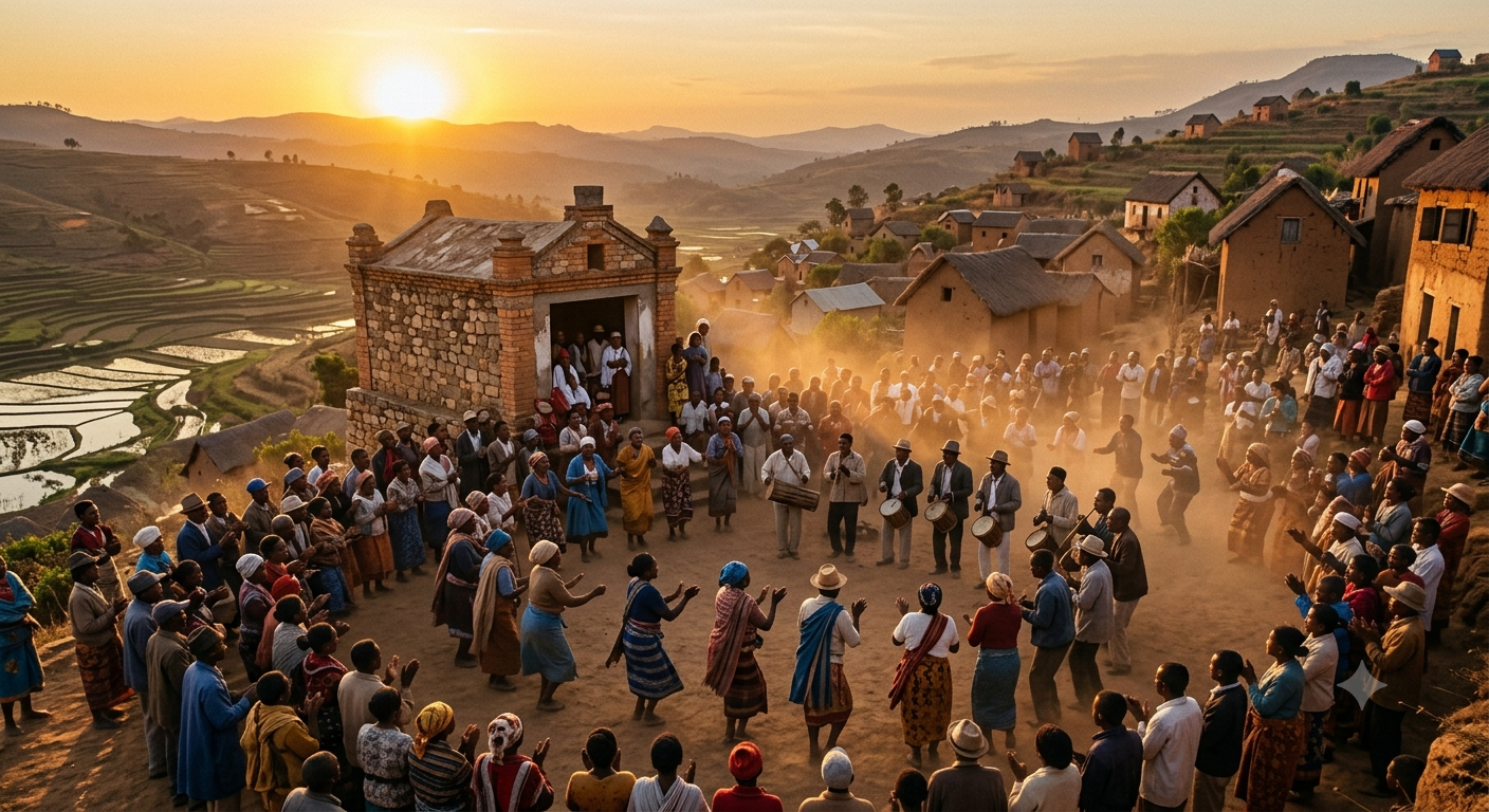 Famadihana ceremony in Madagascar showing families dancing near a stone tomb at sunset