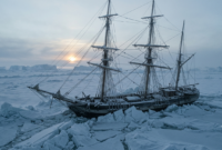The Franklin Expedition Trapped in Arctic Ice Franklin Expedition ship trapped in Arctic pack ice under a pale winter sky