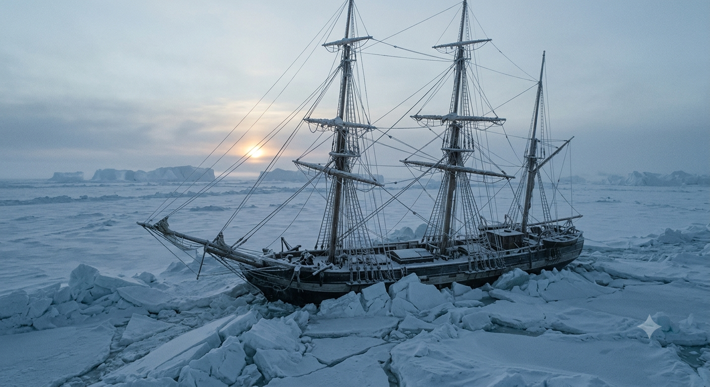 Franklin Expedition ship trapped in Arctic pack ice under a pale winter sky