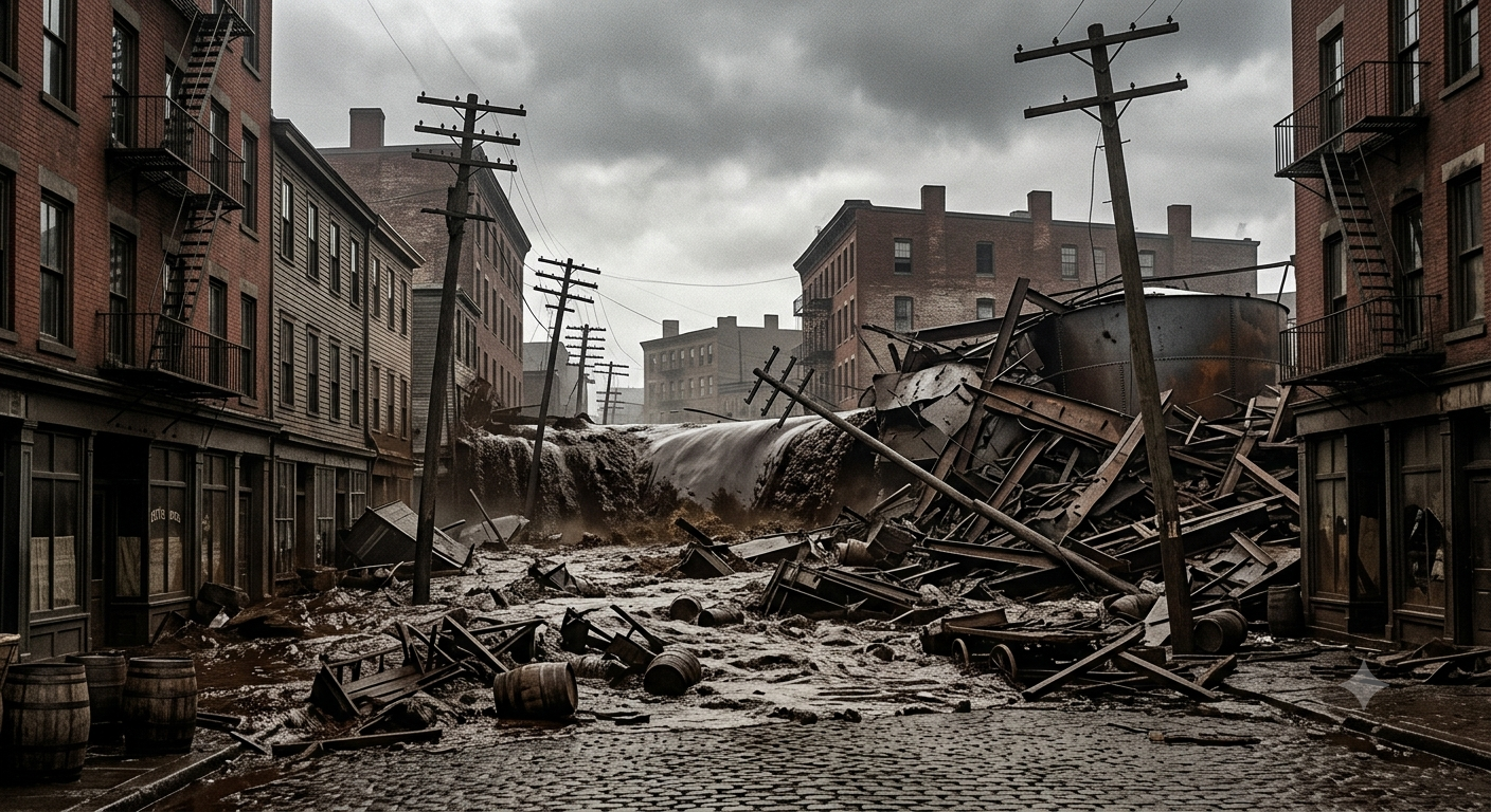 Great Molasses Flood scene showing thick molasses flooding a historic Boston street in 1919