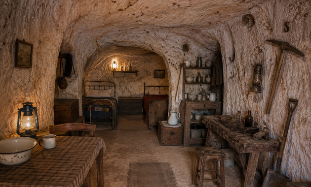 Inside an Early Coober Pedy Dugout Historic Coober Pedy dugout home carved into the desert