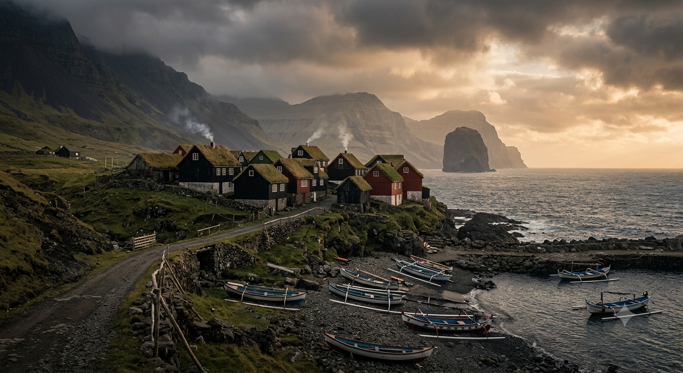 Isolated village of wooden houses on a coastal cliff surrounded by mountains at sunset