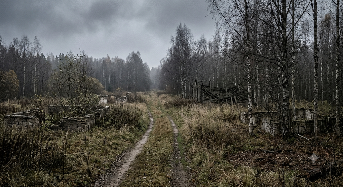 Kyshtym disaster site showing an abandoned Soviet village overgrown with grass and ruins