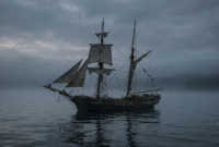 Mary Celeste sailing ship drifting empty on a calm misty ocean at dusk