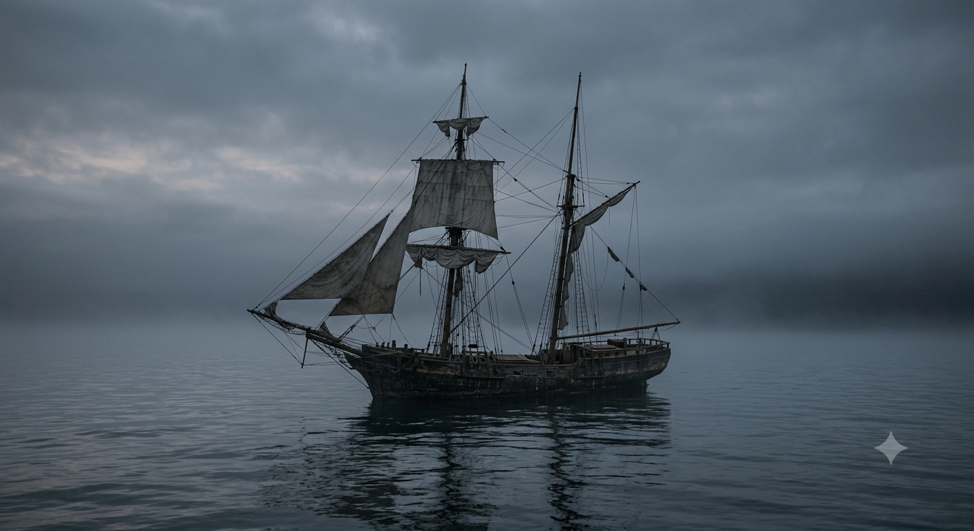 Mary Celeste sailing ship drifting empty on a calm misty ocean at dusk