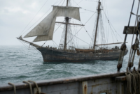 The Mary Celeste drifting abandoned in the Atlantic during the Mary Celeste mystery