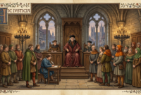 A Medieval Courtroom Where Animal Trials Took Place Medieval animal trials courtroom scene showing a judge and officials in a stone chamber
