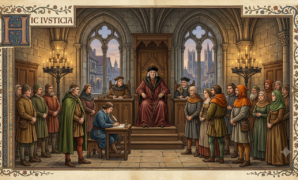 Medieval animal trials courtroom scene showing a judge and officials in a stone chamber