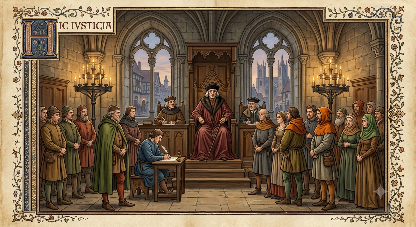Medieval animal trials courtroom scene showing a judge and officials in a stone chamber