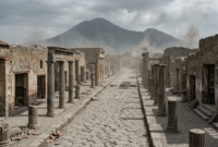 Pompeii ancient ruins covered in ash with Mount Vesuvius visible in the background