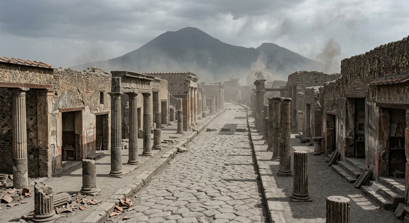 Pompeii ancient ruins covered in ash with Mount Vesuvius visible in the background
