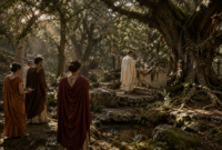 Roman sacred forests with a priest and worshippers beside an ancient grove