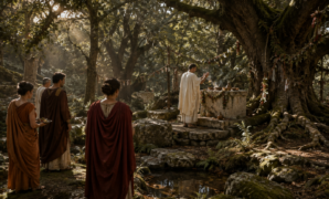 Roman sacred forests with a priest and worshippers beside an ancient grove