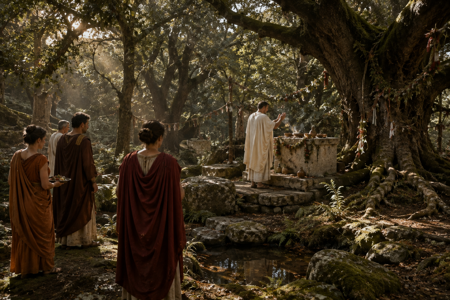 Roman sacred forests with a priest and worshippers beside an ancient grove