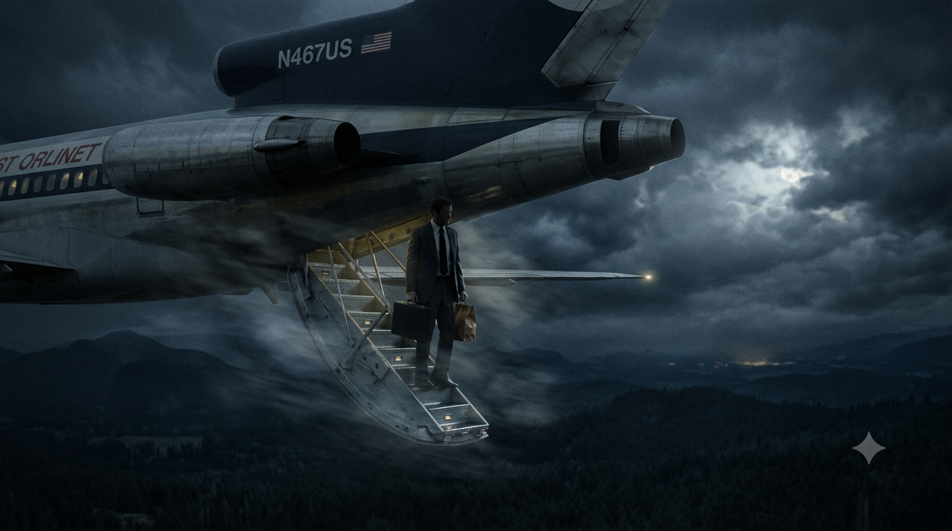 DB Cooper hijacking Boeing 727 flying over the Pacific Northwest at night