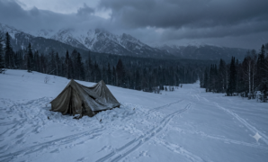 Dyatlov Pass Incident campsite showing an abandoned tent in snow at dusk