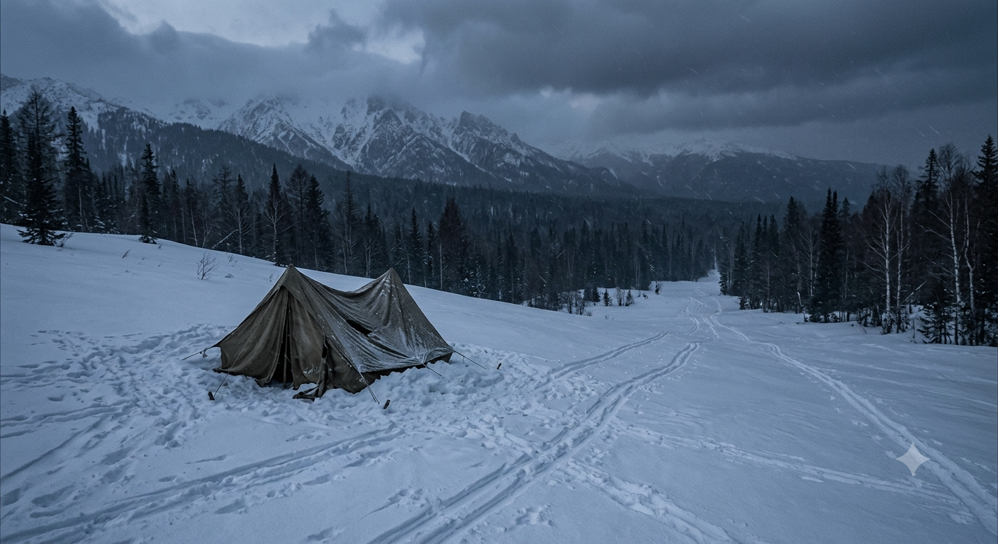 Dyatlov Pass Incident campsite showing an abandoned tent in snow at dusk