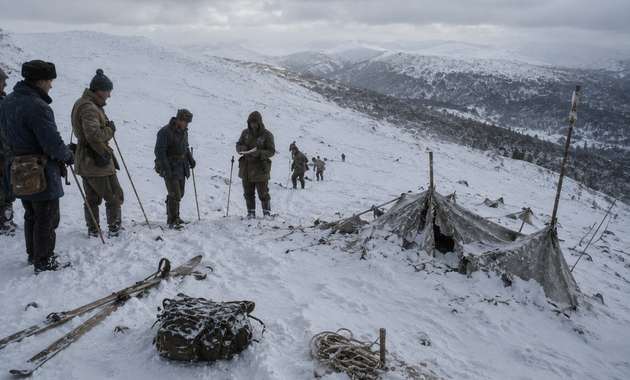Soviet search team examining the Dyatlov Pass tent in 1959