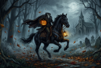 The Headless Horseman Legend Origins Illustration depicting the headless horseman legend origins in a misty Hudson Valley forest at night
