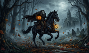 Illustration depicting the headless horseman legend origins in a misty Hudson Valley forest at night