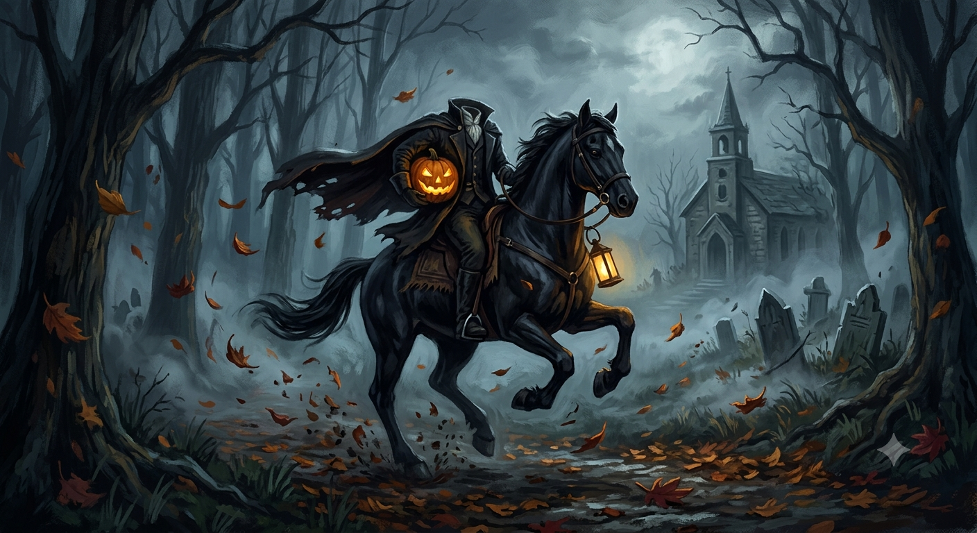 Illustration depicting the headless horseman legend origins in a misty Hudson Valley forest at night