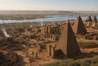 Kingdom of Kush at Meroë with steep-sided pyramids and ancient Nile city