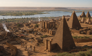Kingdom of Kush at Meroë with steep-sided pyramids and ancient Nile city
