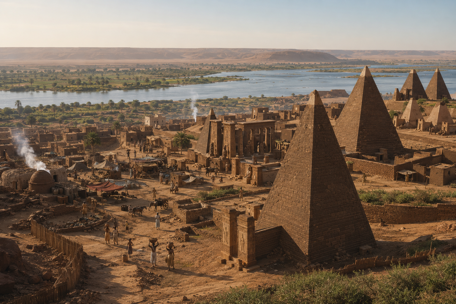 Kingdom of Kush at Meroë with steep-sided pyramids and ancient Nile city