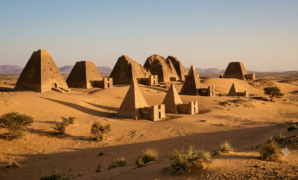 Kingdom of Kush pyramids at Meroë rising from desert sand under afternoon sunlight