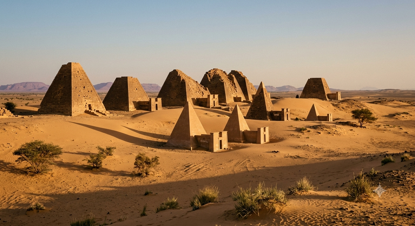 Kingdom of Kush pyramids at Meroë rising from desert sand under afternoon sunlight