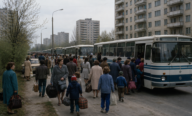 Pripyat residents evacuating by bus on April 27 1986