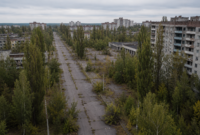 Pripyat ghost town surrounded by vegetation in the Chernobyl exclusion zone