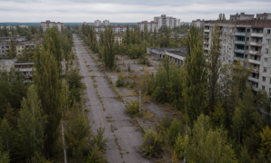 Pripyat ghost town surrounded by vegetation in the Chernobyl exclusion zone
