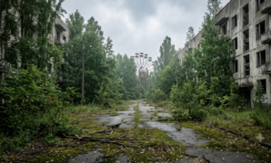 Forest overtaking abandoned buildings in the Pripyat ghost town