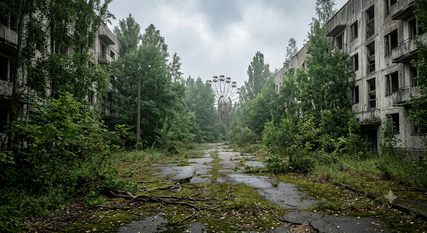 Forest overtaking abandoned buildings in the Pripyat ghost town