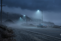 Foggy Northern California road at dusk evoking the era of the Zodiac Killer case