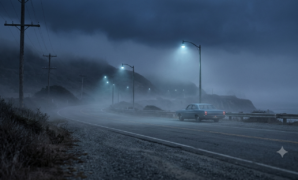 Foggy Northern California road at dusk evoking the era of the Zodiac Killer case