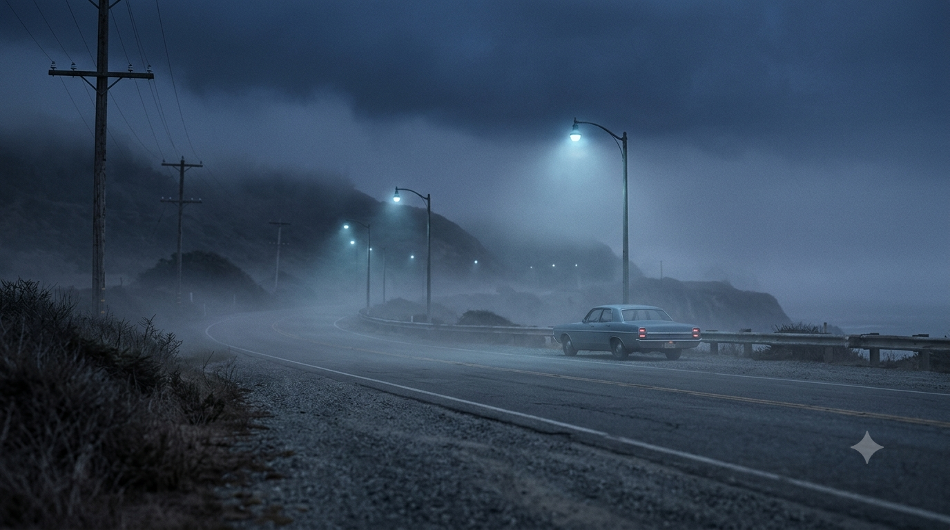 Foggy Northern California road at dusk evoking the era of the Zodiac Killer case