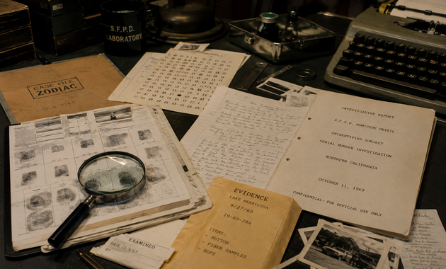 Forensic evidence from the Zodiac Killer investigation including fingerprints and handwriting