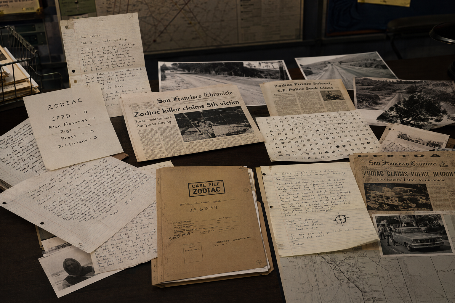 Zodiac Killer mystery investigation with 1969 letters, newspaper clippings and cipher evidence