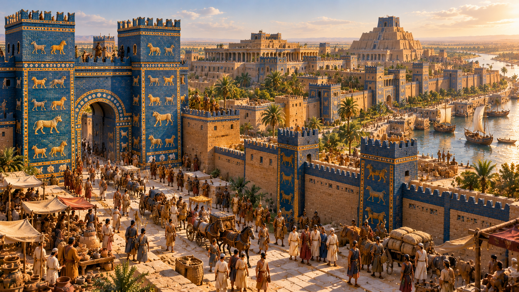 Ancient Mesopotamia Babylon with glazed gates, temples, walls, and markets